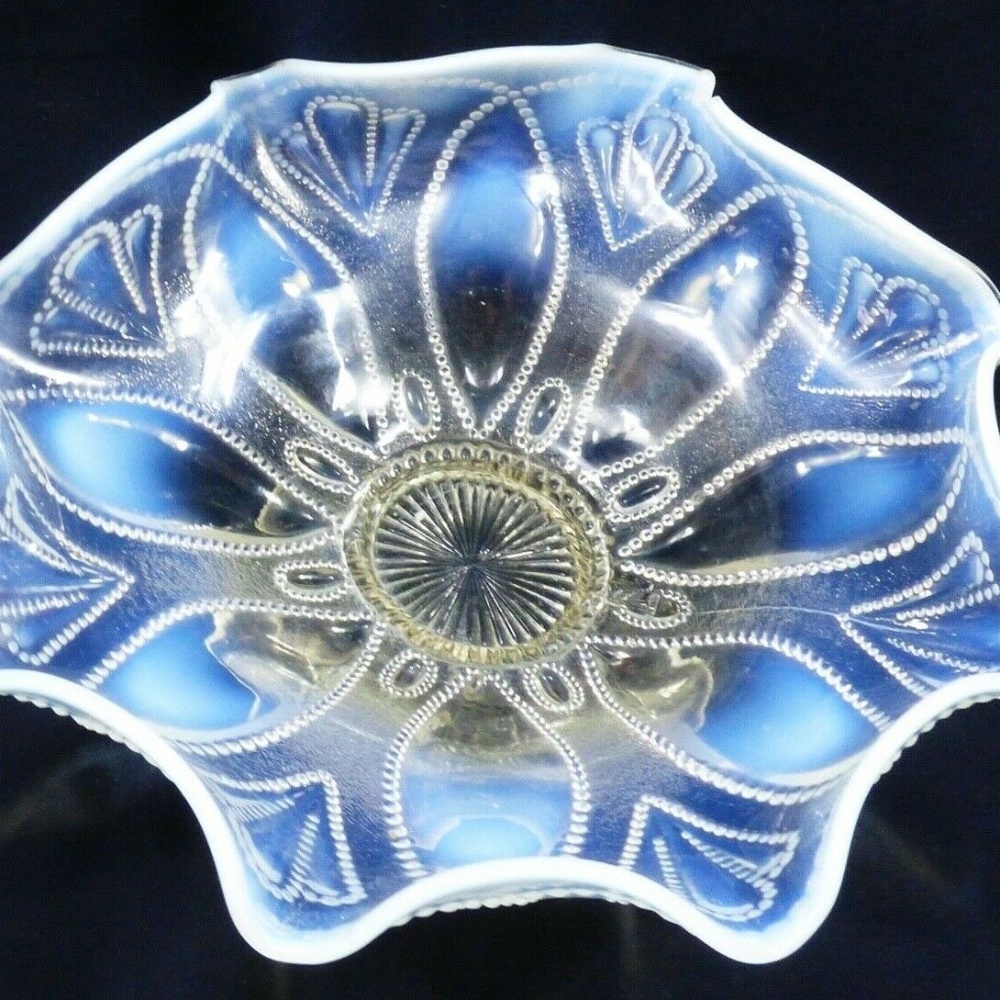 VTG White Opalescent Moonstone Glass Ruffled Rim footed Pedestal Candy Dish Bowl - Picture 1 of 8